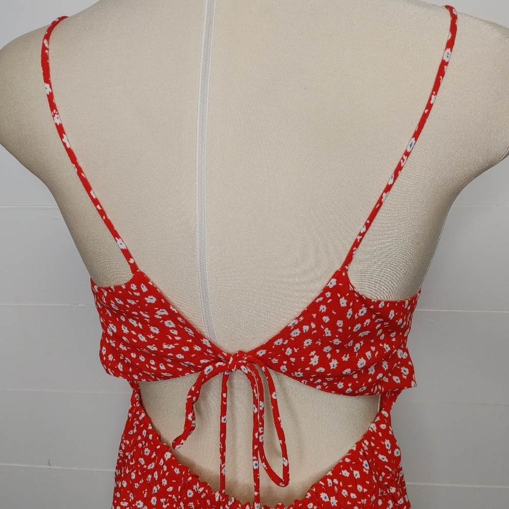 Zara Red Floral Ruched Ruffle Mini Dress Size S - Picture 6 of 12